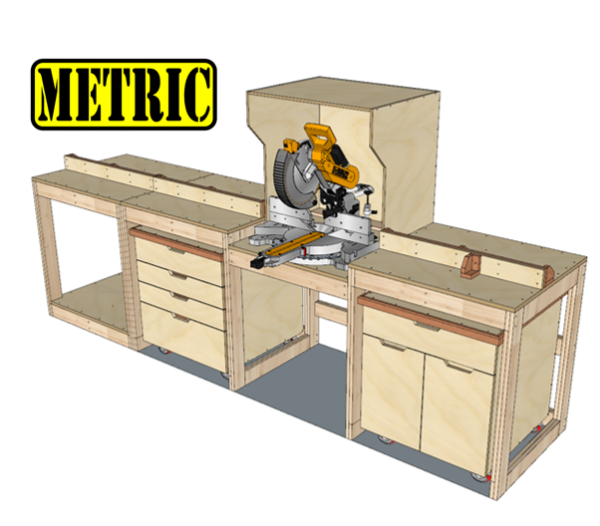 Miter Saw Station Metric Version - Build Plans | Woodworking Plans, Miter Saw Workbench, Workshop Cabinet